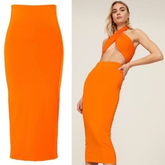 The Andamane Gisele Tube Midi Skirt S Orange Jersey Stretch High Waisted Pencil - Picture 2 of 9